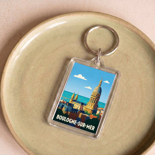 Porte-clés souvenir de la ville de Boulogne-sur-Mer avec une illustration stylisée.