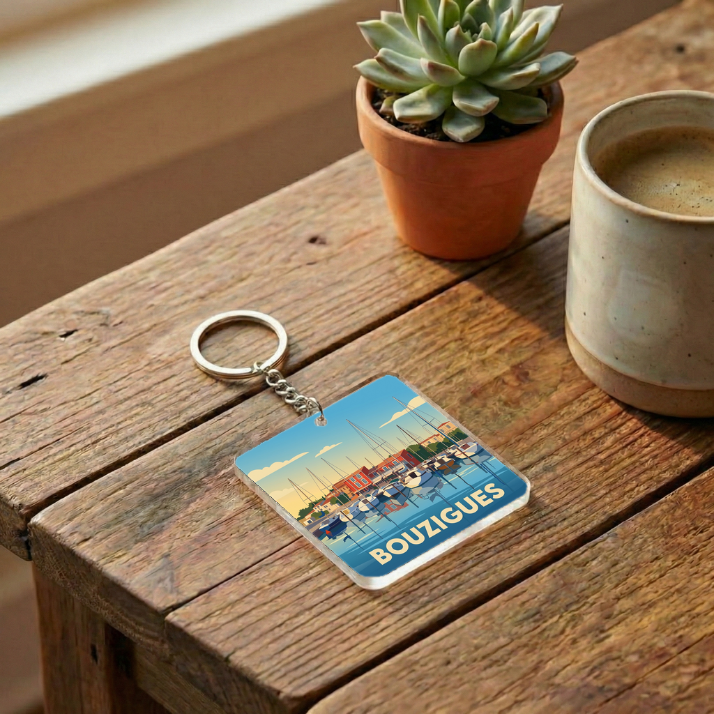 Porte-clés souvenir de la ville de Bouzigues avec une illustration stylisée de son port.