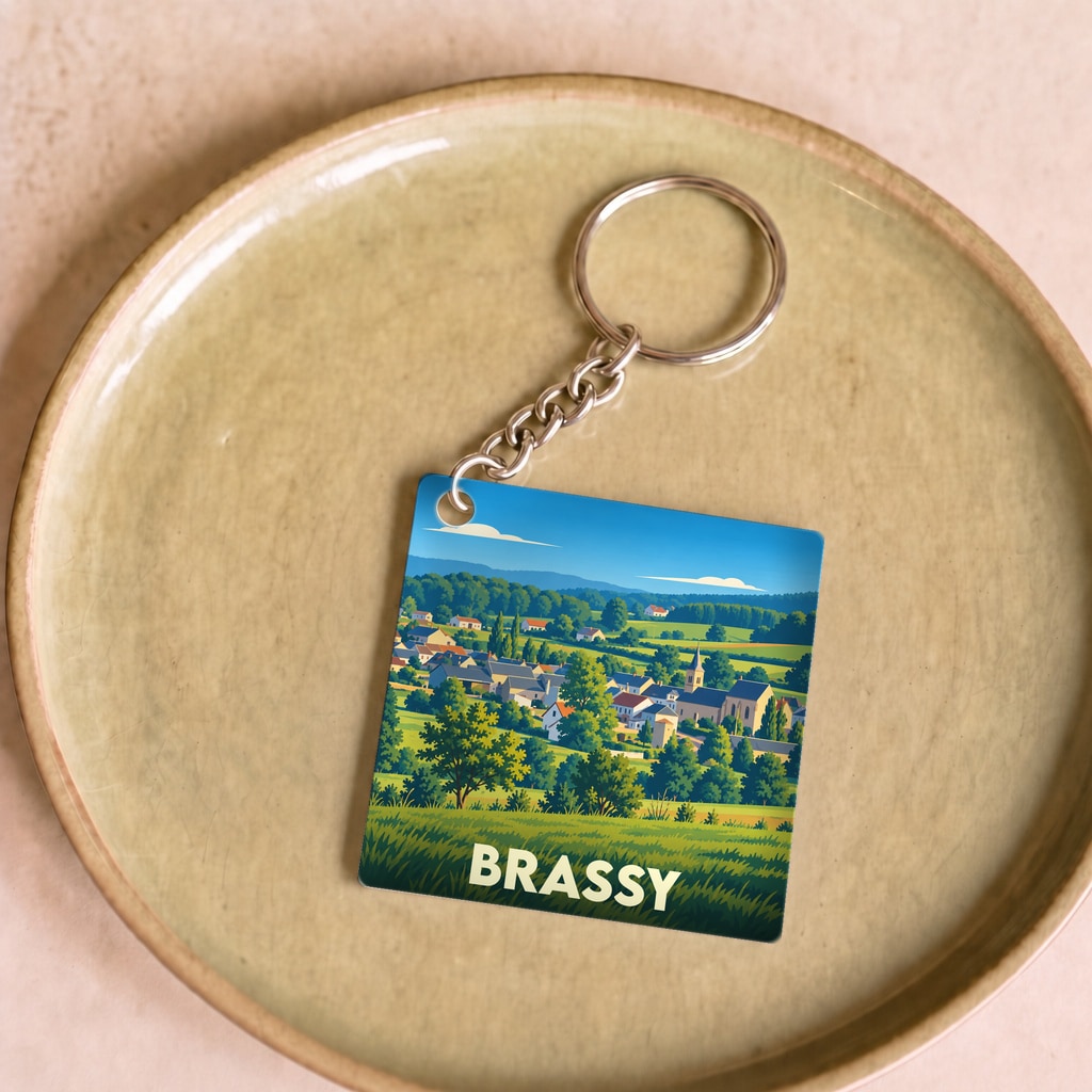 Porte-clés souvenir de la ville de Brassy avec une illustration paysagère stylisée.