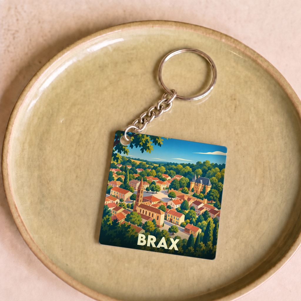 Porte-clés souvenir de la ville de Brax avec une illustration stylisée et colorée du village.