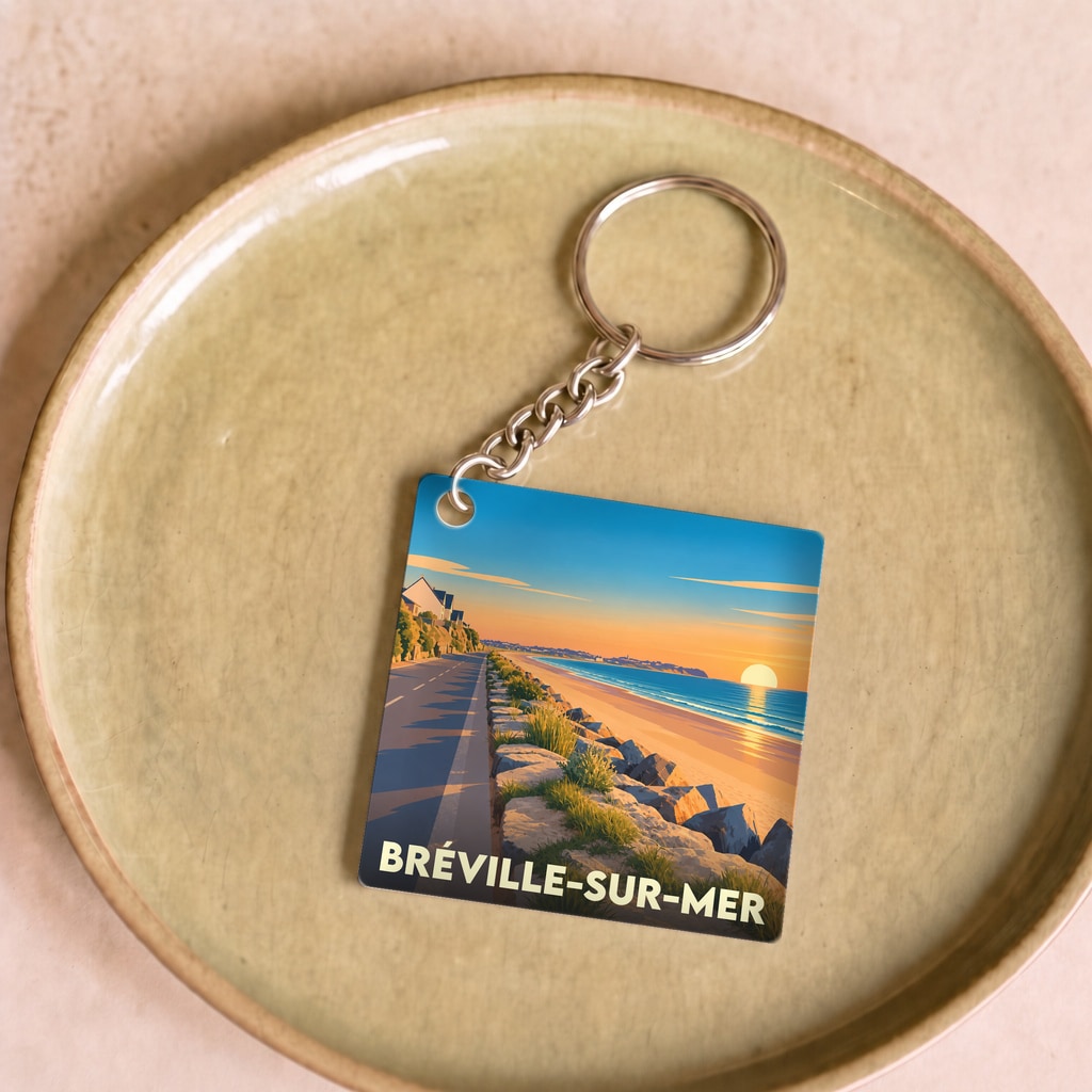 Porte-clés souvenir de Bréville-sur-Mer avec une illustration stylisée d'un coucher de soleil sur la plage.