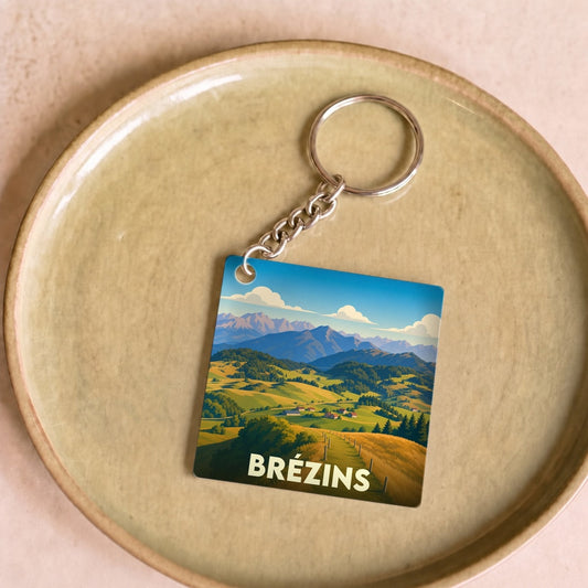 Porte-clés souvenir de la ville de Brézins avec une illustration de paysage de montagne stylisée.