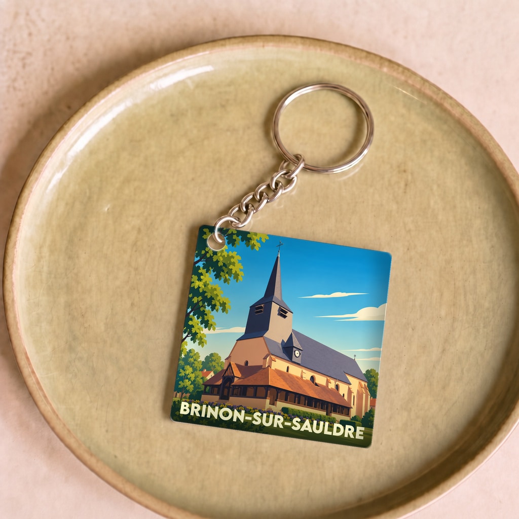 Porte-clés souvenir de la ville de Brinon-sur-Sauldre avec une illustration stylisée de son église.