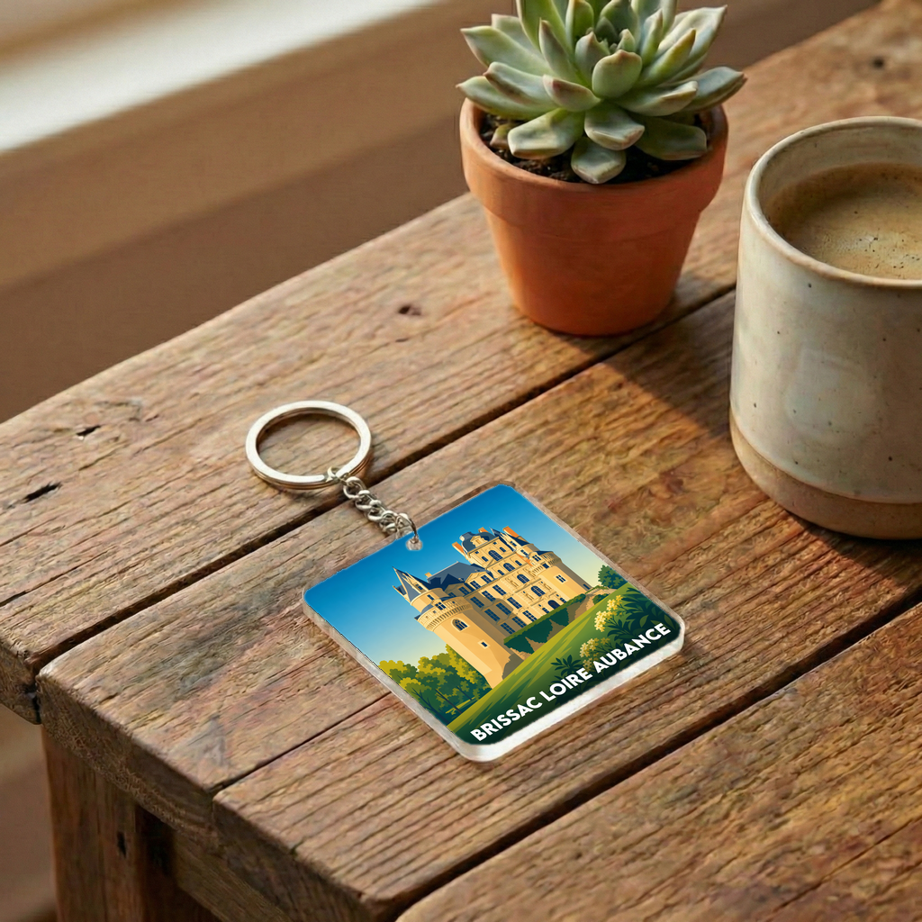 Porte-clés souvenir de Brissac Loire Aubance avec une illustration stylisée du château.