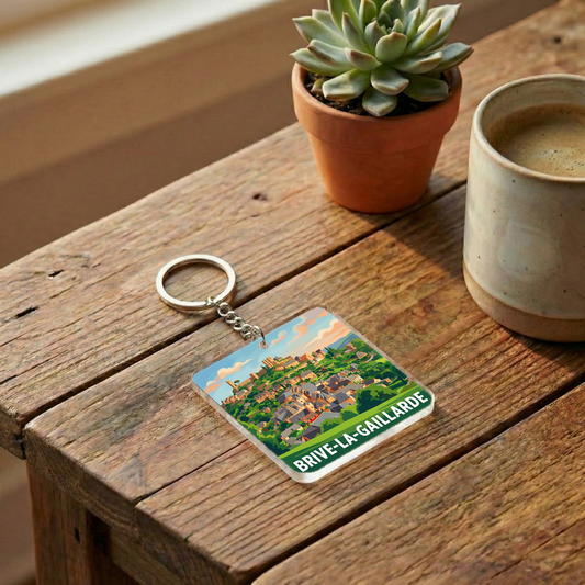 Porte-clés souvenir de la ville de Brive-la-Gaillarde avec une illustration stylisée.