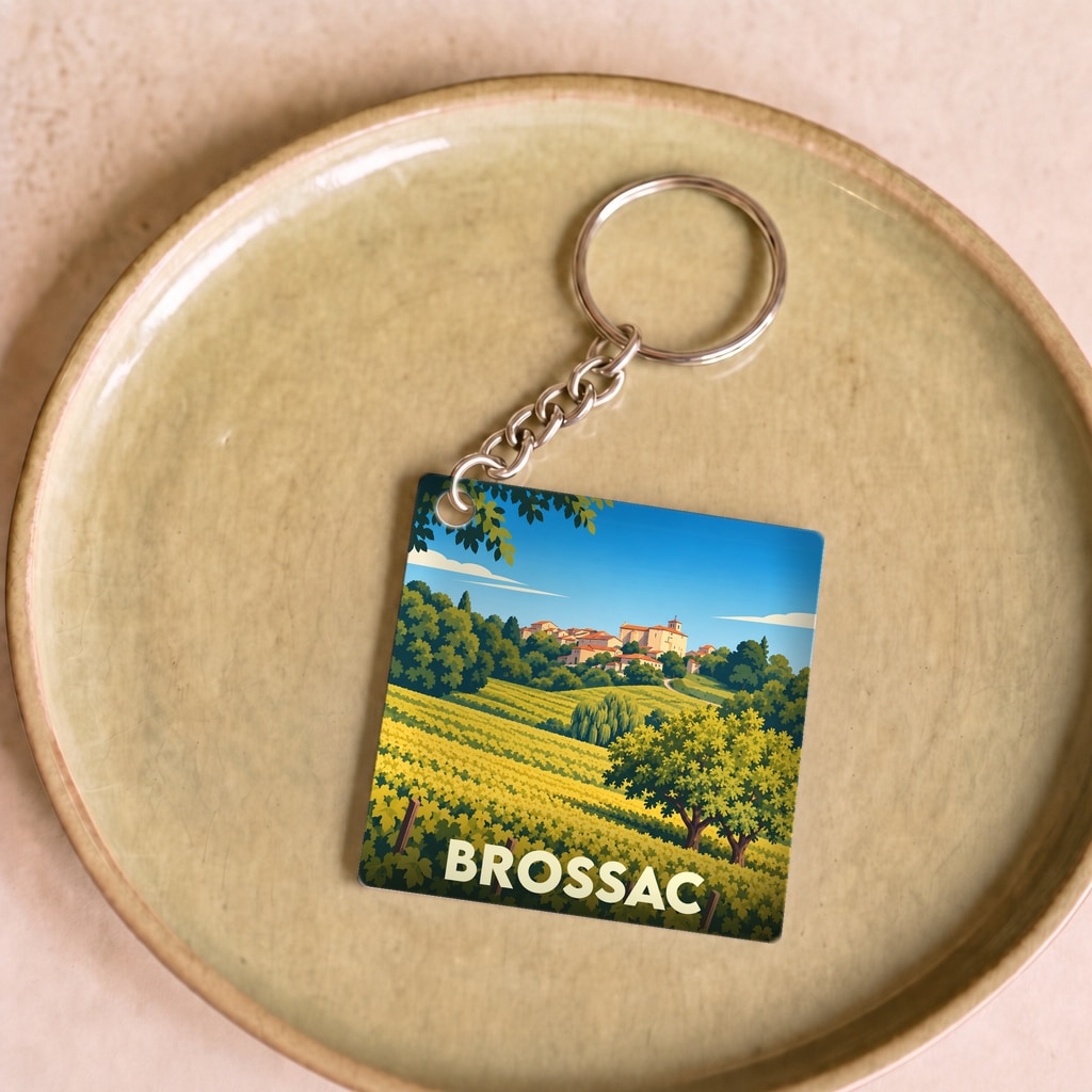 Porte-clés souvenir de la ville de Brossac avec une illustration stylisée de paysages vallonnés.