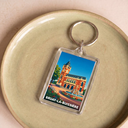 Porte-clés souvenir de la ville de Bruay-la-Buissière avec une illustration stylisée de son hôtel de ville.