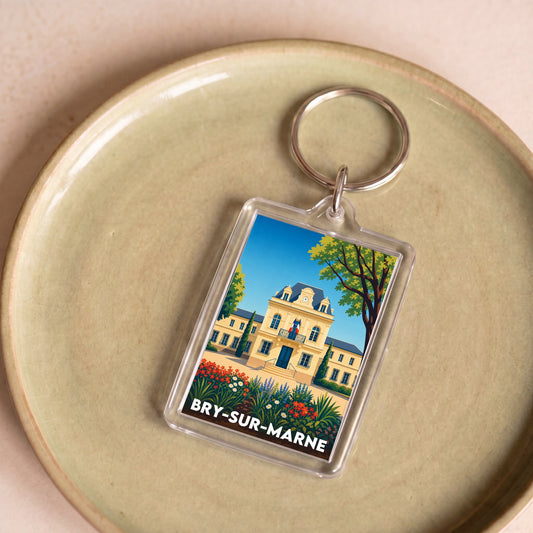 Porte-clés souvenir de la ville de Bry-sur-Marne avec une illustration stylisée.