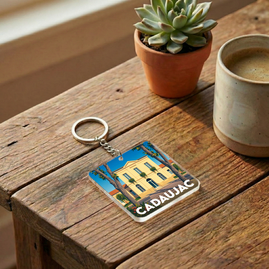 Porte-clés souvenir de la ville de Cadaujac avec une illustration stylisée.