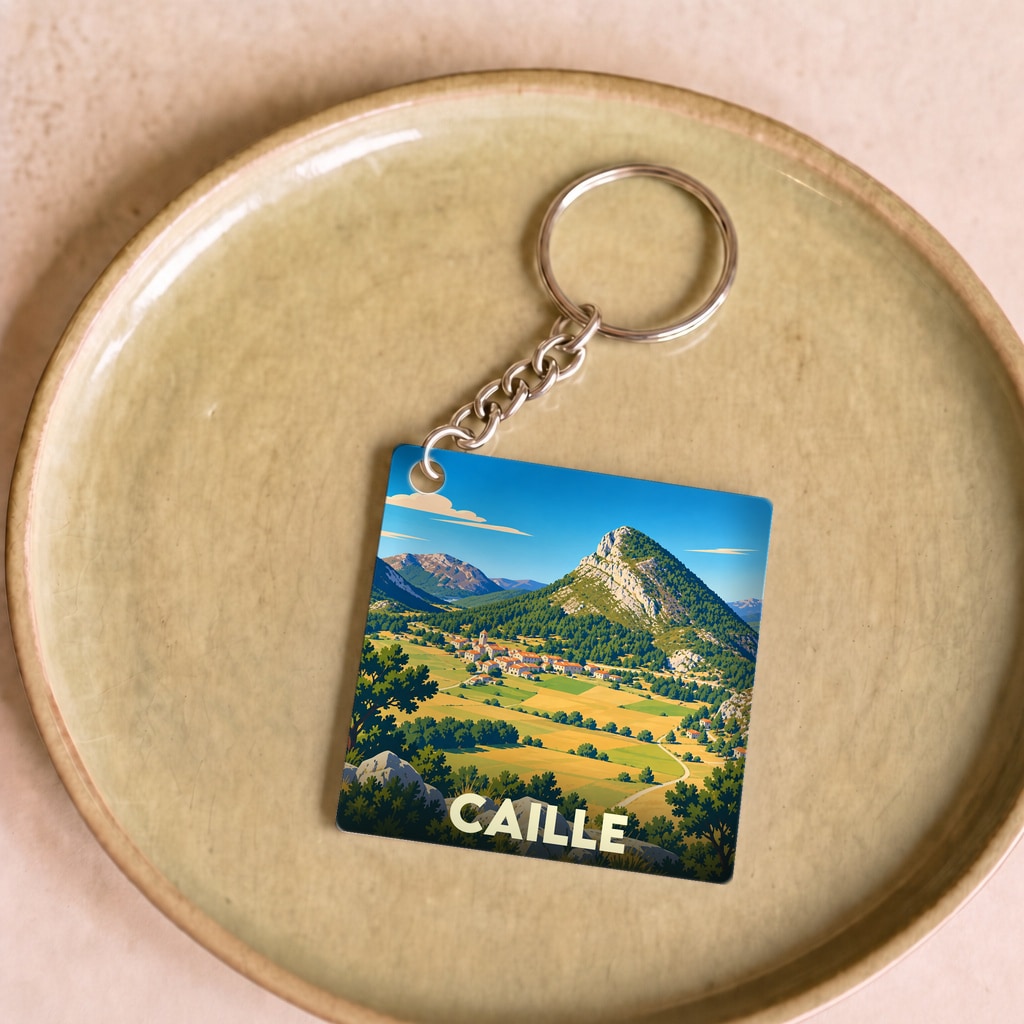 Porte-clés souvenir de la ville de Caille avec une illustration stylisée d'un paysage de montagne.