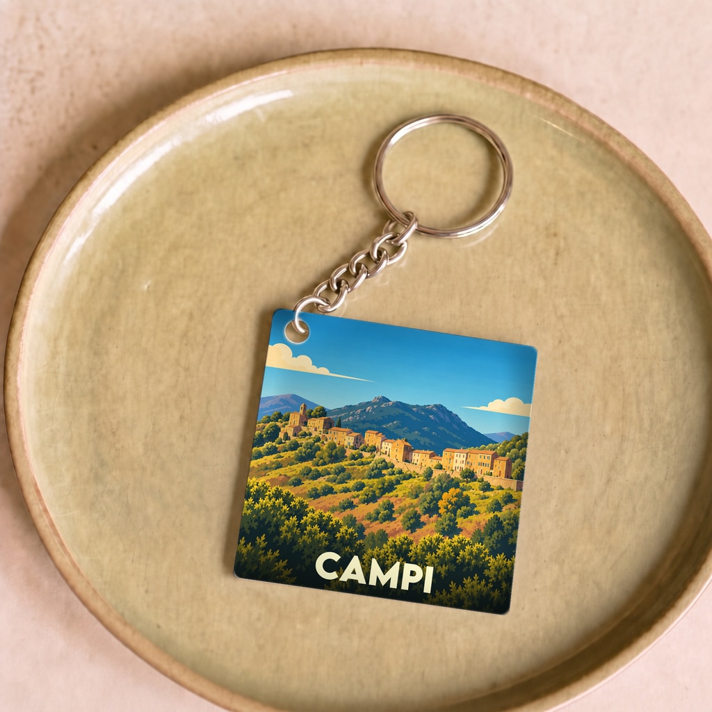 Porte-clés souvenir de la ville de Campi avec une illustration stylisée d'un village perché en pleine nature.
