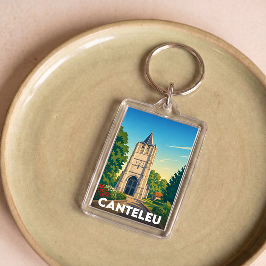 Porte-clés souvenir de la ville de Canteleu avec une illustration stylisée de son église.