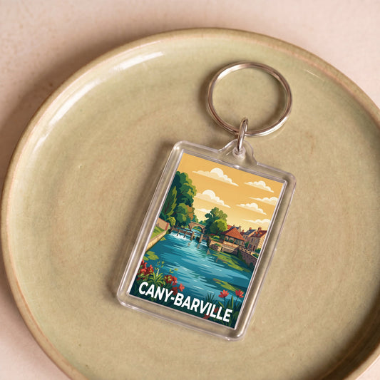 Porte-clés souvenir de la ville de Cany-Barville avec une illustration stylisée.
