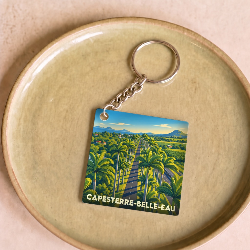 Porte-clés souvenir de la ville de Capesterre-Belle-Eau avec une illustration stylisée d'une allée de palmiers.