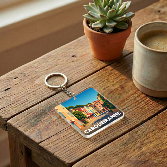 Porte-clés souvenir de la ville de Carqueiranne avec une illustration stylisée de maisons colorées.