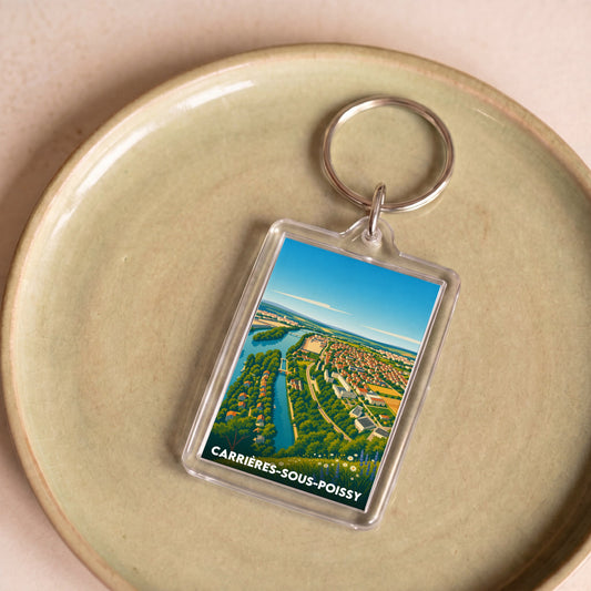 Porte-clés souvenir de la ville de Carrières-sous-Poissy avec une illustration stylisée.
