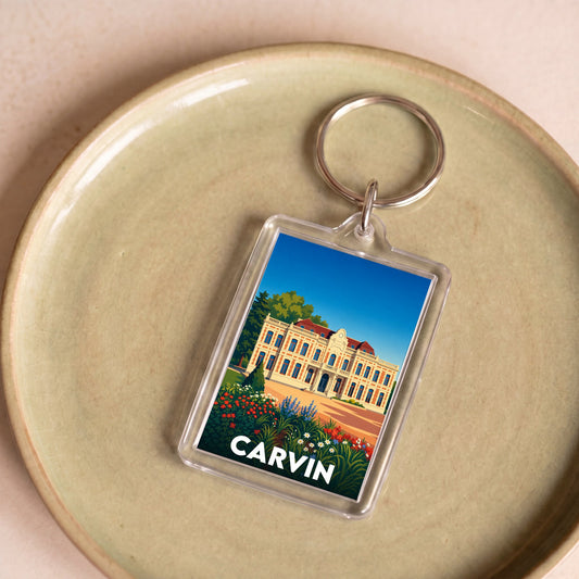 Porte-clés souvenir de la ville de Carvin avec une illustration stylisée.