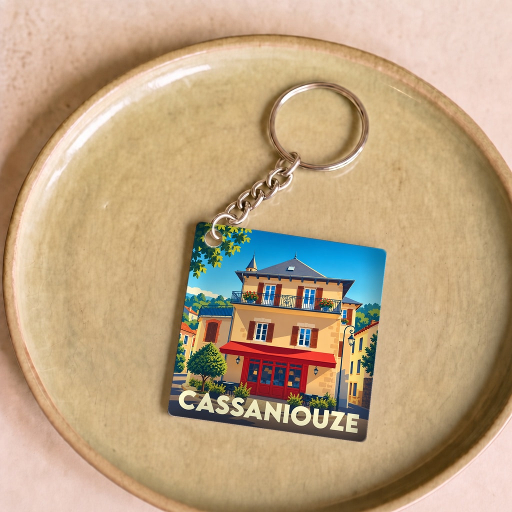 Porte-clés souvenir de la ville de Cassaniouze avec une illustration stylisée d'un bâtiment traditionnel.