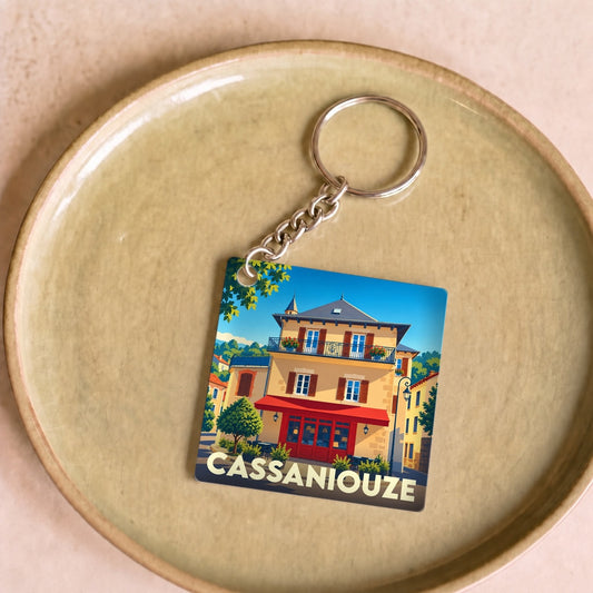 Porte-clés souvenir de la ville de Cassaniouze avec une illustration stylisée d'un bâtiment traditionnel.