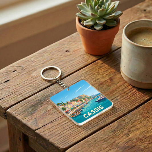 Porte-clés souvenir de la ville de Cassis avec une illustration stylisée.