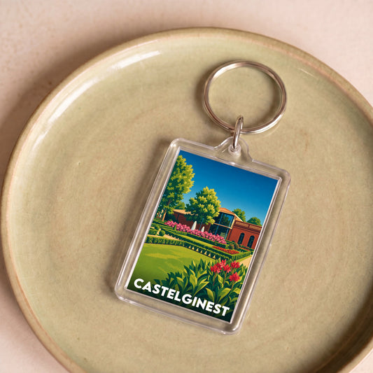 Porte-clés souvenir de la ville de Castelginest avec une illustration stylisée de ses jardins.