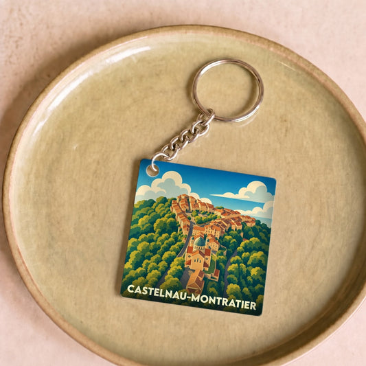 Porte-clés souvenir de la ville de Castelnau-Montratier avec une illustration stylisée.