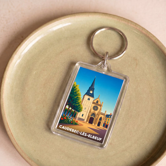 Porte-clés souvenir de la ville de Caudebec-lès-Elbeuf avec une illustration stylisée.