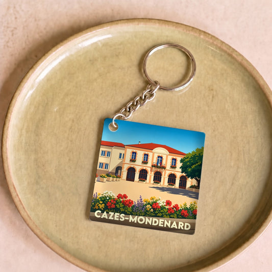 Porte-clés souvenir de la ville de Cazes-Mondenard avec une illustration stylisée de sa mairie.