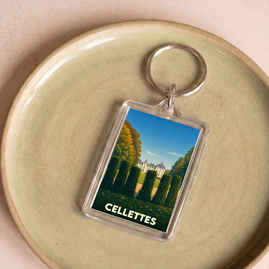 Porte-clés souvenir de la ville de Cellettes avec une illustration stylisée d'un château.