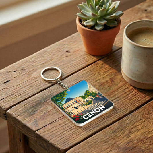 Porte-clés souvenir de la ville de Cenon avec une illustration stylisée.