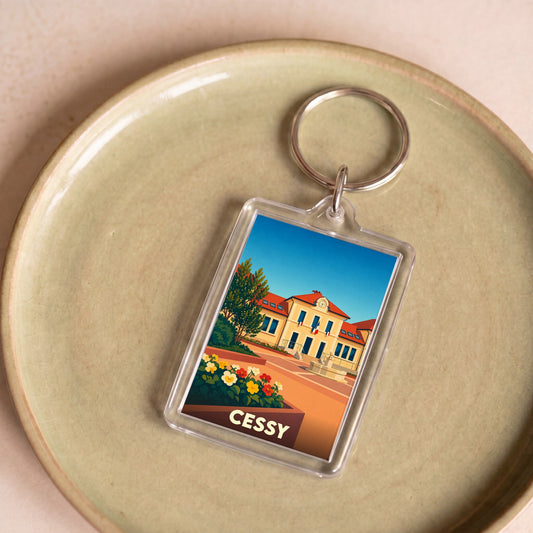 Porte-clés souvenir de la ville de Cessy avec une illustration stylisée.