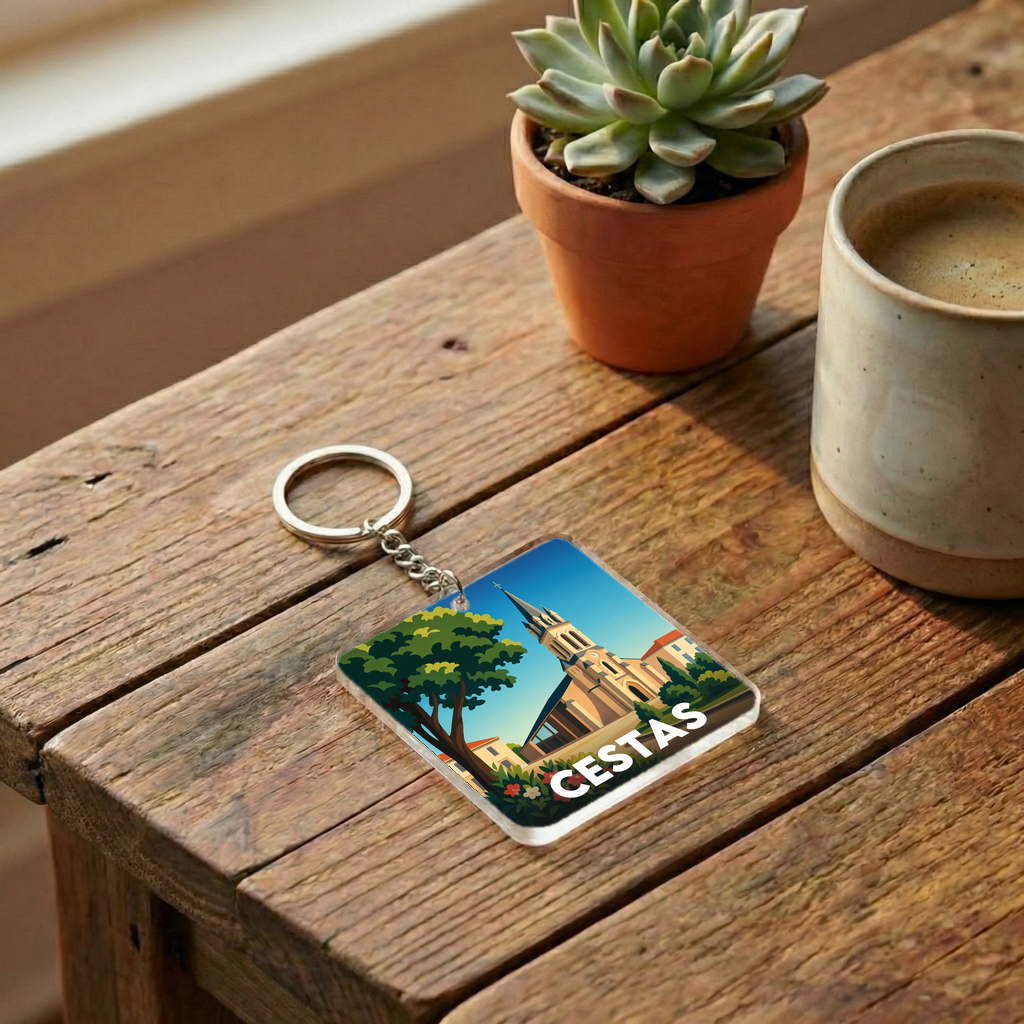 Porte-clés souvenir de la ville de Cestas avec une illustration stylisée.