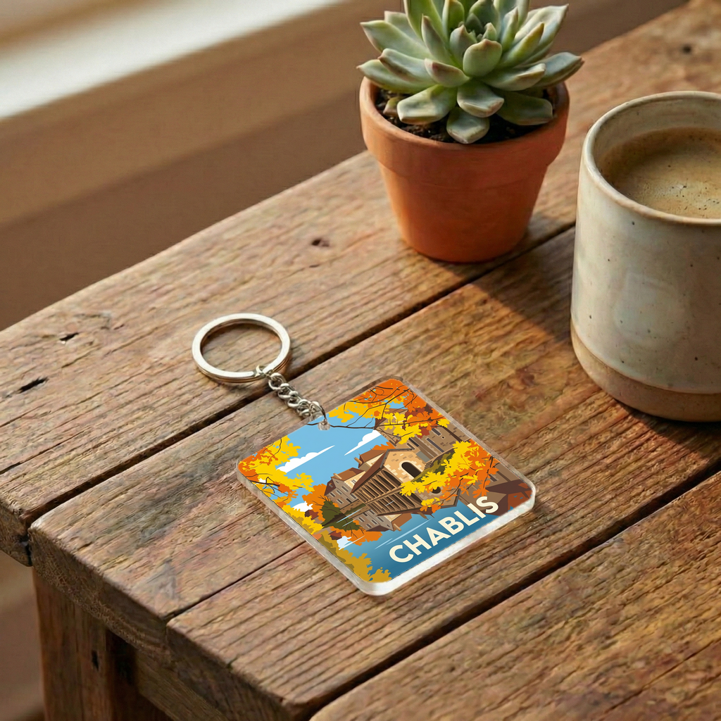 Porte-clés souvenir de la ville de Chablis avec une illustration stylisée.