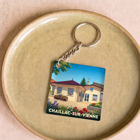 Porte-clés souvenir de la ville de Chaillac-sur-Vienne avec une illustration stylisée.