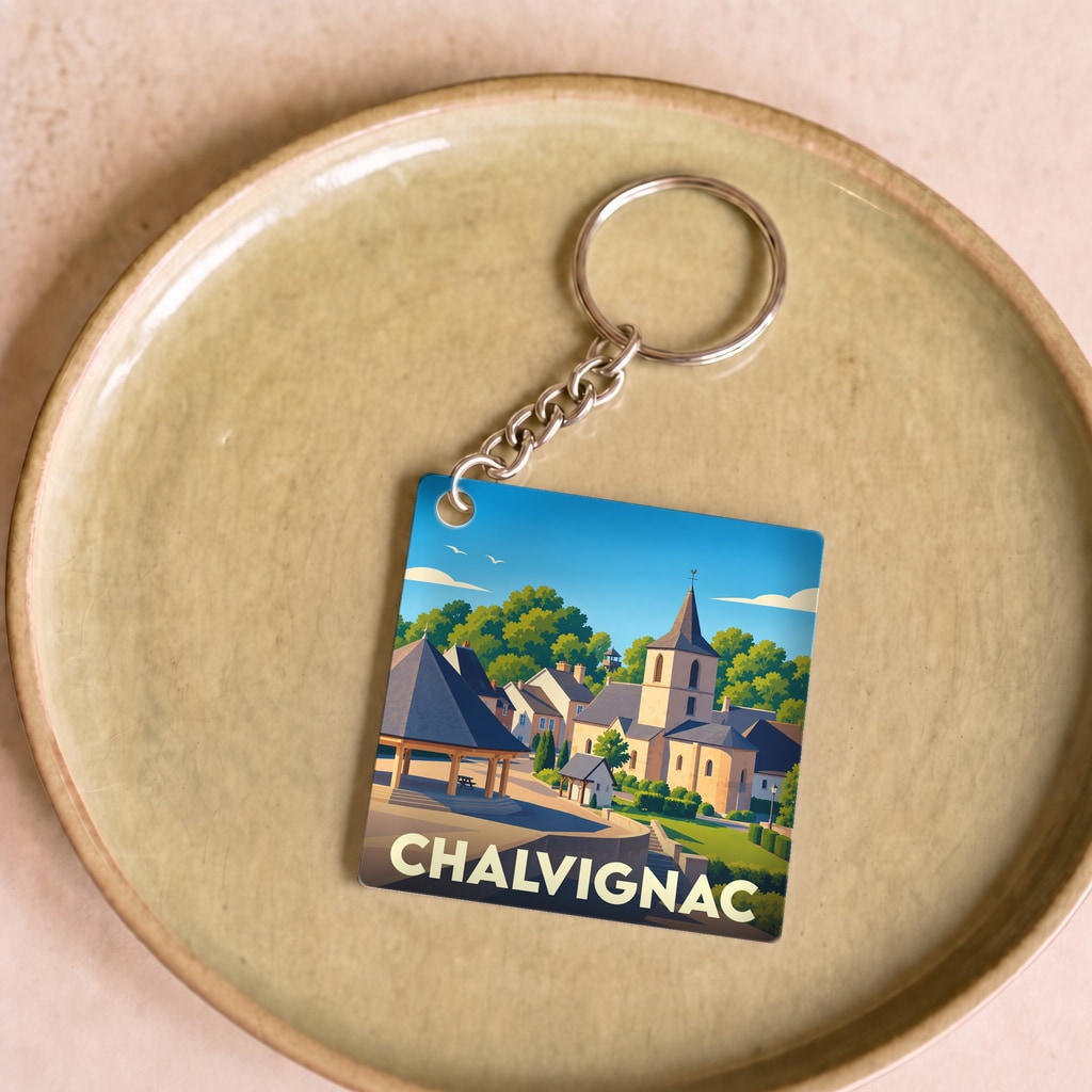 Porte-clés souvenir de la ville de Chalvignac avec une illustration stylisée.