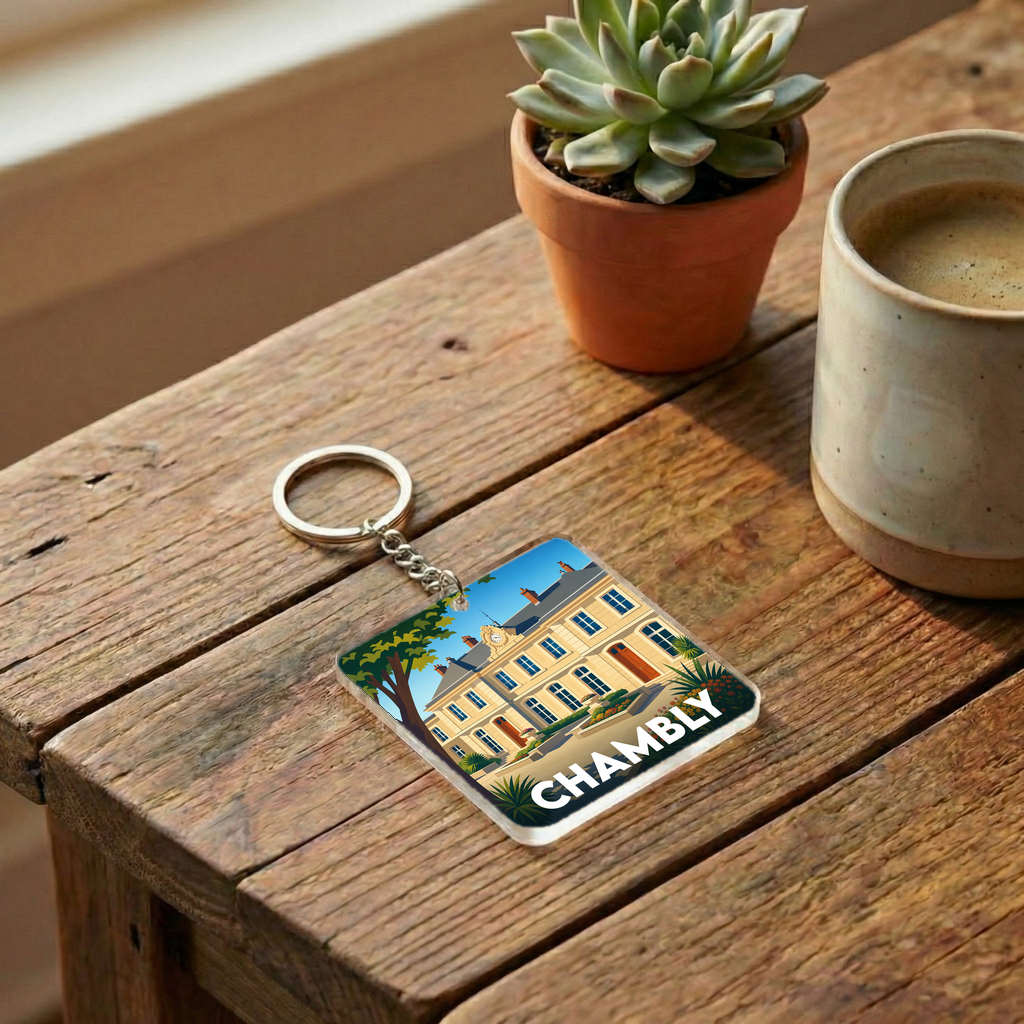Porte-clés souvenir de la ville de Chambly avec une illustration stylisée.