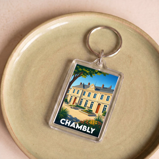 Porte-clés souvenir de la ville de Chambly avec une illustration stylisée.