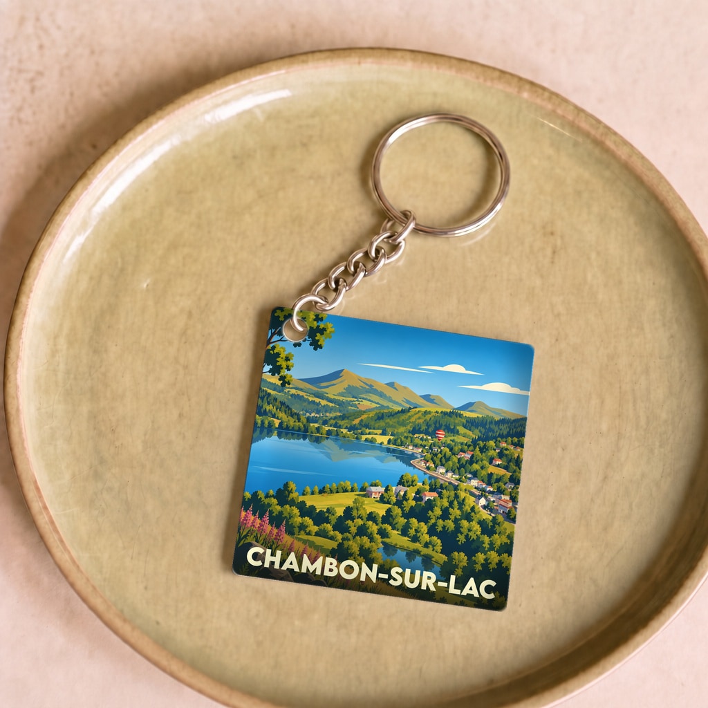 Porte-clés souvenir de la ville de Chambon-sur-Lac avec une illustration stylisée de son paysage.