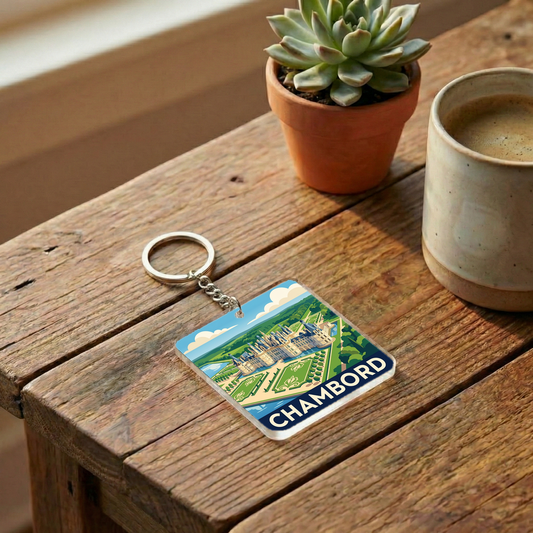 Porte-clés souvenir de la ville de Chambord avec une illustration stylisée.
