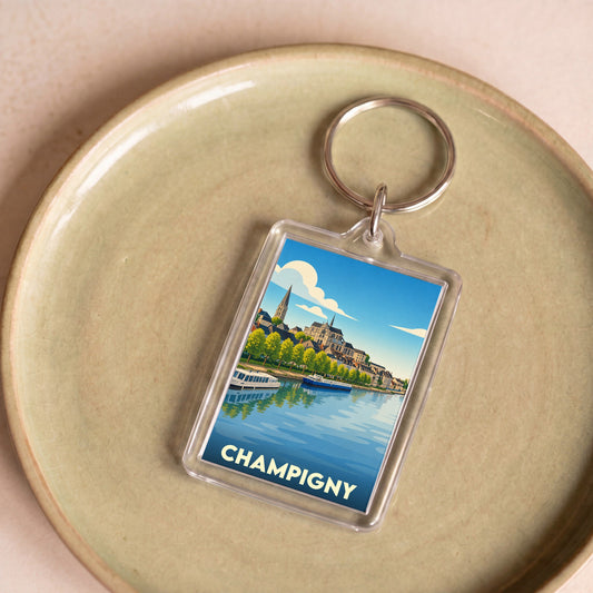 Porte-clés souvenir de la ville de Champigny avec une illustration stylisée des bords de Marne.