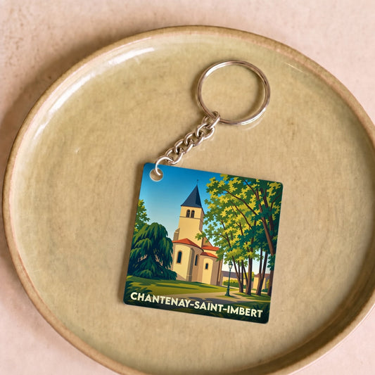 Porte-clés souvenir de la ville de Chantenay-Saint-Imbert avec une illustration stylisée de son église.