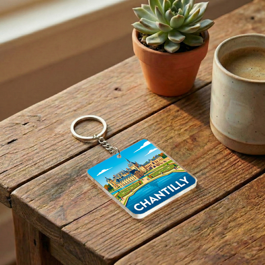 Porte-clés souvenir de la ville de Chantilly avec une illustration stylisée.