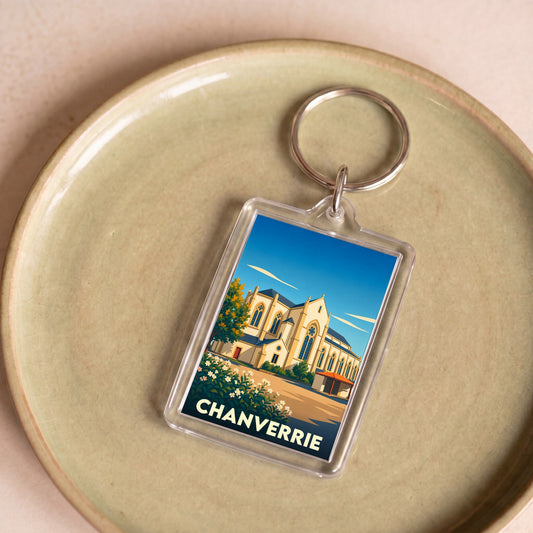 Porte-clés souvenir de la ville de Chanverrie avec une illustration stylisée de son église.