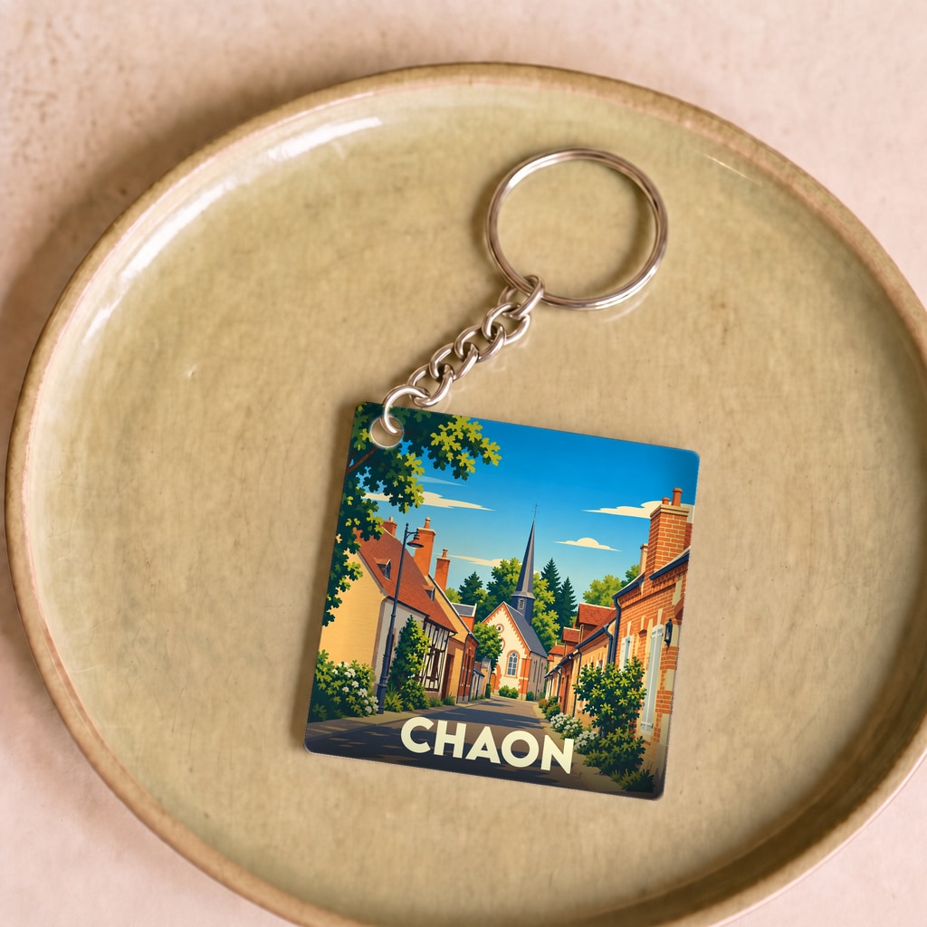 Porte-clés souvenir de la ville de Chaon avec une illustration stylisée d'une rue typique.