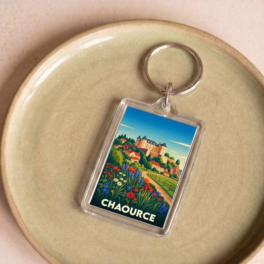 Porte-clés souvenir de la ville de Chaource avec une illustration stylisée et colorée.
