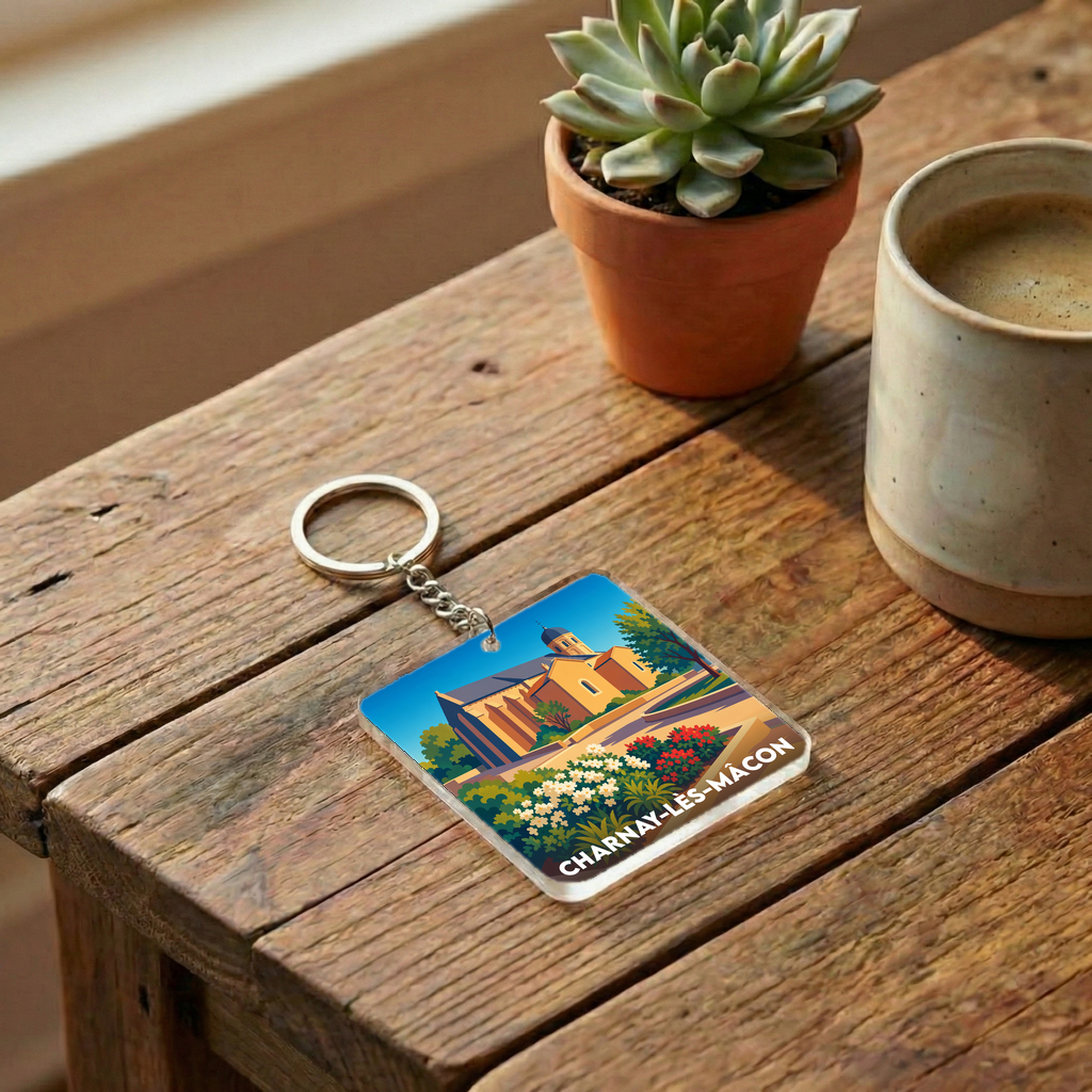 Porte-clés souvenir de Charnay-lès-Mâcon avec une illustration stylisée de son patrimoine.