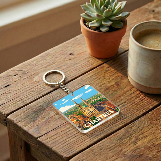 Porte-clés souvenir de la ville de Chartres avec une illustration stylisée de sa cathédrale.