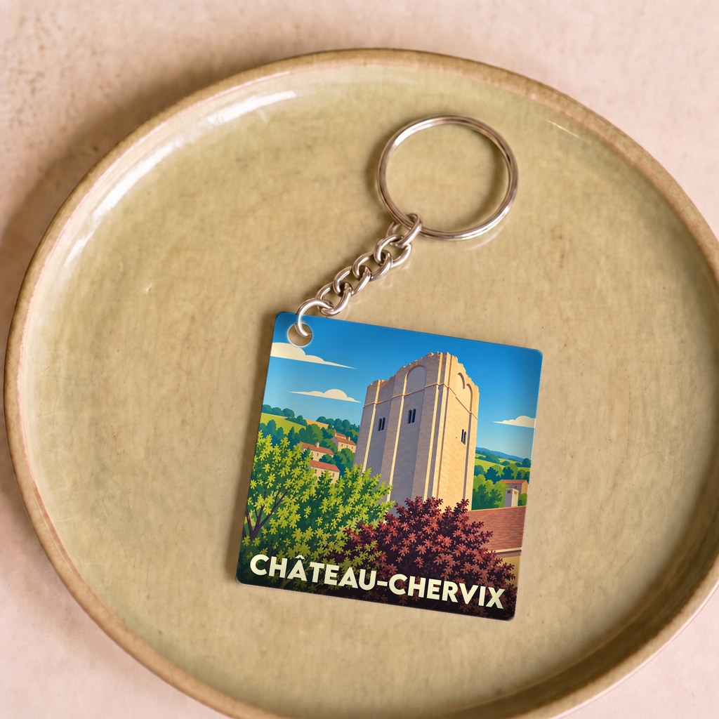 Porte-clés souvenir de la ville de Château-Chervix avec une illustration stylisée de sa tour médiévale.