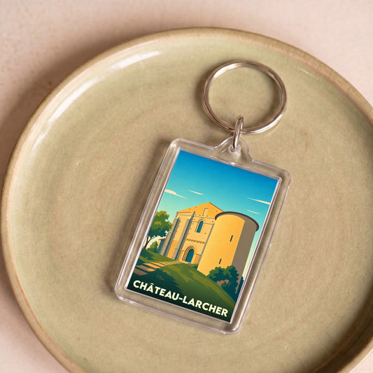 Porte-clés souvenir de la ville de Château-Larcher avec une illustration stylisée.