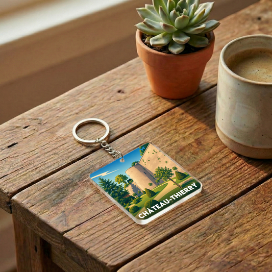 Porte-clés souvenir de la ville de Château-Thierry avec une illustration stylisée.